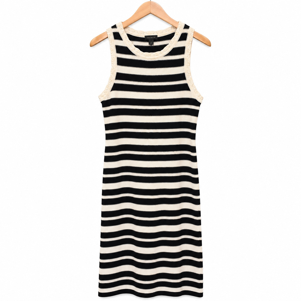 Ann Taylor Factory Sweater Dress Women M Black/White Stripe Knit 100% Cotton NWT